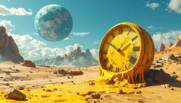 A melting clock in a desolate landscape, with a distant Earth photo