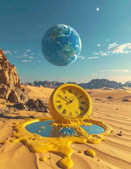 A melting clock in a desert landscape, with a floating Earth, symbolizing time's passage and the fragility of our planet photo