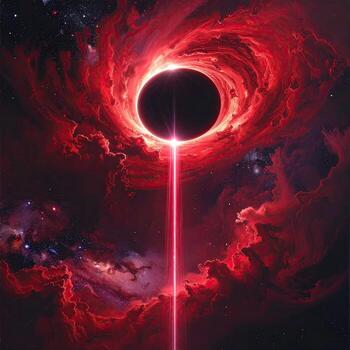 A cosmic vortex of crimson. A dark, circular void dominates the center, surrounded by swirling, crimson clouds. A vibrant, red beam shoots down from the void's center, piercing through the ethereal clouds. Stars speckle the background photo