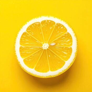 High-angle close-up of a perfectly sliced lemon, vibrant yellow segments radiating outward from a white pith center, resting on a solid bright yellow background photo