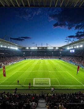 Full stadium at twilight, soccer game photo