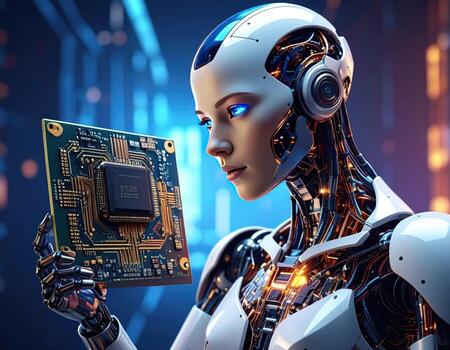 AI robot examines a circuit board photo