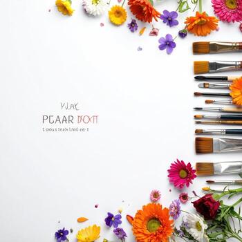 A top-down view of assorted colorful flowers and paintbrushes arranged on a white background. Text is subtly placed in the center photo