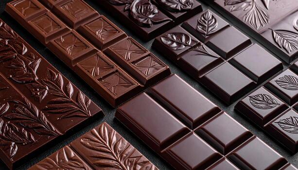 Assorted dark chocolate bars arranged in a grid pattern on a dark background. Intricate designs are embossed on some bars photo