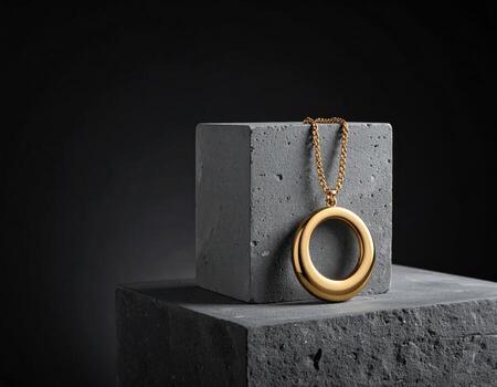 Gold circle pendant on a chain, resting on a grey concrete cube photo