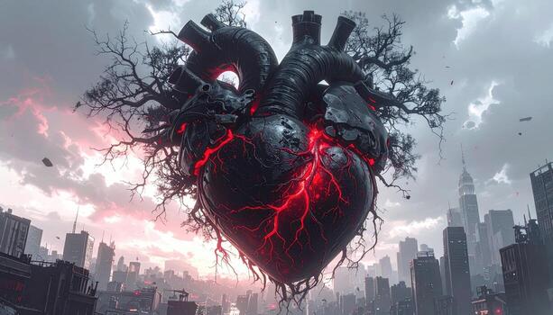 un oscuro, decadente corazón, arraigado me gusta un árbol, sube encima un devastado paisaje urbano rojo lava fluye desde sus fracturado formar en contra un fondo de ominoso nubes y un apagado puesta de sol foto