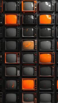 Retro televisions arranged in a grid pattern on a dark wall, with varying shades of orange and gray photo