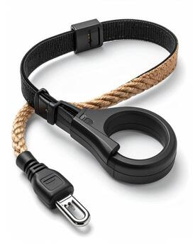 negro y beige cable con acortar adjunto. un tipo correa cable caracteristicas un lazo y acortar foto