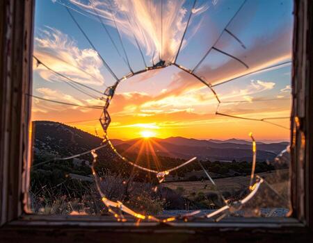 Shattered window, sunset view photo