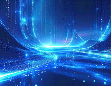 A futuristic, digital landscape of swirling, luminous blue pathways. Glowing light trails and particles create a sense of energy and movement photo