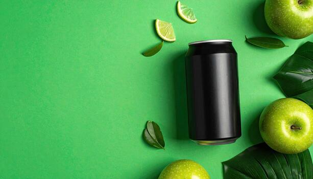 Flat lay of a black can surrounded by limes, green apples, and leaves on a bright green surface photo