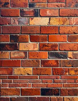 Close-up view of a brick wall. Variegated reddish-brown bricks arranged in a regular pattern. Mortar lines visible between bricks photo