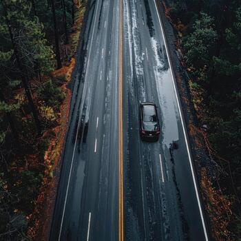Wet road, car, forest photo