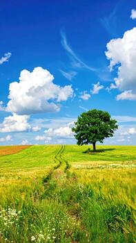 Sunny rural landscape with a solitary tree. A grassy field with a single tree stands on a slight hill. A well-defined path leads towards the tree. Light fluffy clouds and a vibrant blue sky complete the idyllic scene photo