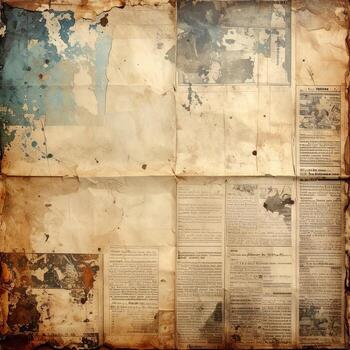 Aged, creased newspaper pages with stains and textures photo