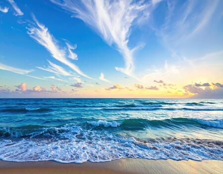 Sunrise over a tranquil beach. Vast ocean meets a sandy shore at dawn. Soft waves gently lap the beach. A vibrant sky filled with wispy clouds photo