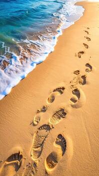 Footprints leading into a turquoise ocean photo