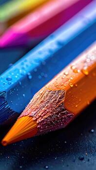 Close-up of colorful pencils with water droplets photo