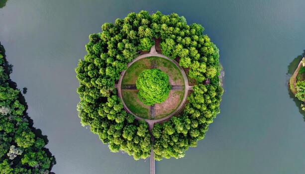 Circular island of lush trees in a tranquil lake. Aerial view photo
