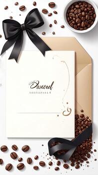 A celebratory coffee invitation. A blank white card, nestled within a light beige envelope, is adorned with coffee beans and a black ribbon bow. Coffee beans scatter around the card and envelope. A stylized coffee splash design is on the envelope photo