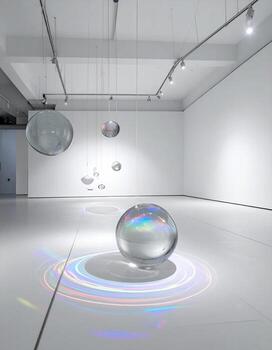 Glass orbs suspended and reflecting light on white floor photo