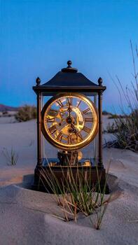 A brass clock in a glass case sits atop a sandy dune at twilight. Golden light illuminates the intricate clock mechanism visible through the glass. Desert grasses grow near the base photo