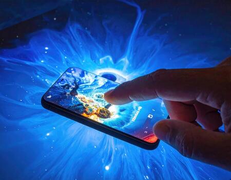 un mano toques un teléfono inteligente pantalla, bañado en vibrante azul luz, con resumen arremolinándose patrones foto