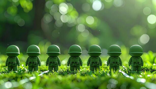Miniature soldiers in green uniform stand in a row on green grass, blurred green background photo