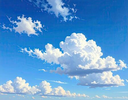 A vibrant blue sky dotted with fluffy white clouds. Large cumulus clouds dominate the mid-ground, with smaller, wispy clouds scattered throughout. The sky transitions from a deep azure at the top to a lighter cerulean near the horizon photo