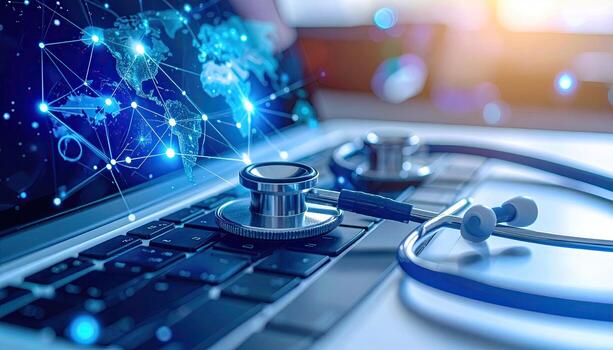 Laptop with global network graphic and stethoscope. A laptop computer, with a world map network graphic overlay, sits on a table. A stethoscope rests on the keyboard photo
