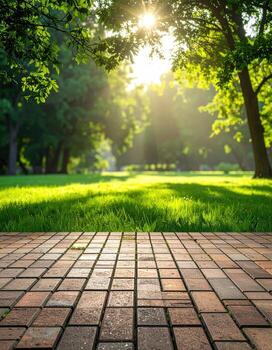 Sunny park scene with brick path. Lush green trees and grass bathed in sunlight. A paved brick walkway foregrounds the scene photo