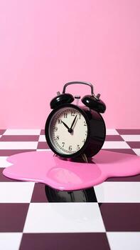 A black alarm clock sits on a checkered floor, with a puddle of melted pink substance flowing around it photo