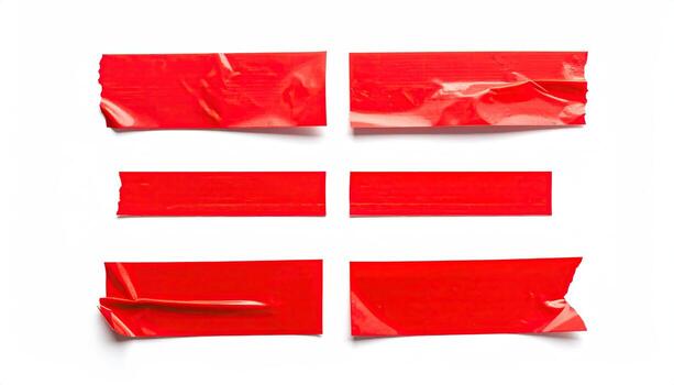 Six pieces of red tape, torn and wrinkled, arranged in a grid pattern on a white background photo