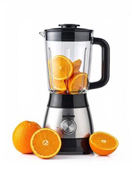 Modern blender with sliced oranges photo