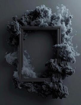 Empty frame surrounded by swirling dark gray and white ink clouds on a neutral background photo