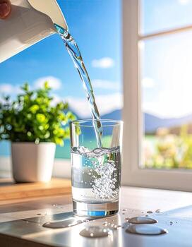 Pouring water into a glass by a window. Sunlight streams in photo