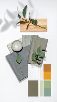 Flat lay featuring natural fabrics, wood, and color swatches. A selection of muted textiles, including linen and stone-look materials, are arranged with eucalyptus sprigs and a light-colored bowl. Warm, earthy tones and natural elements create a serene photo