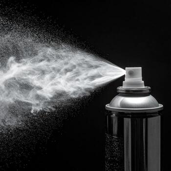 Spray can dispensing fine mist, creating a cloud of vapor photo