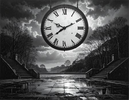 A large clock hangs over a tranquil, yet melancholic, landscape. Wet, stone steps lead to a body of water. Moody, grayscale photo