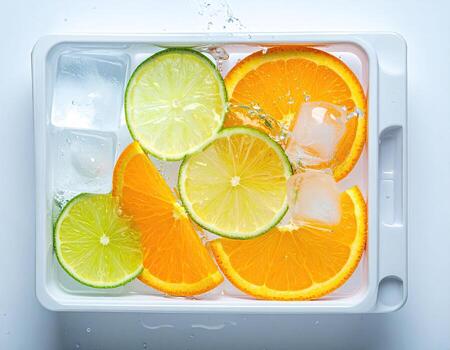 Citrus slices and ice cubes in a white container photo