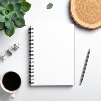 Flat lay of a blank notebook, succulent, coffee, and wood slice on a white surface photo
