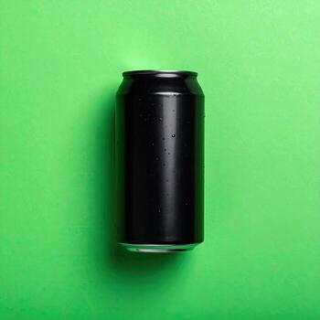 Black soda can on a vibrant green background photo