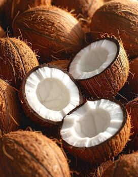 Close-up of whole and halved coconuts. A bounty of whole and halved coconuts, showcasing the fibrous brown outer shell and the glistening white interior. Sunlight highlights the textures and details photo