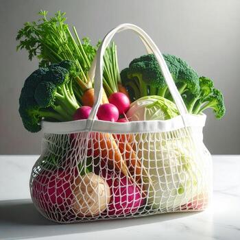 Fresh produce in a white mesh bag on a table photo