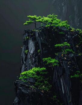 A small, vibrant tree clings to a jagged, dark cliff face photo