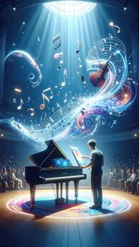 Digital piano performance in a concert hall. A person plays a grand piano, surrounded by swirling musical notes and instruments. Light beams from above, illuminating the stage and audience photo