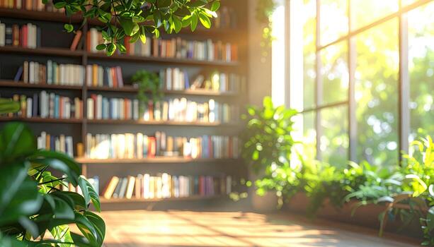 Sunlight streams into a home library filled with greenery and books photo