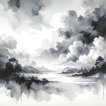 monocromo paisaje pintura de un sereno vista, presentando dramático nubes y un tranquilo lago. silueta colinas y arboles son anidado dentro el paisaje, bañado en un suave, difundido ligero. resumen Pinceladas crear un texturizado efecto, sugestivo de foto