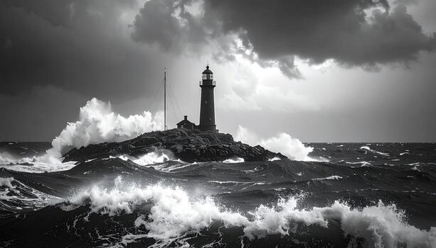 Dramatic seascape with a lighthouse during a storm photo
