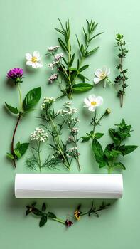 Flat lay of various flowers and herbs arranged around a white cylinder on a mint green background photo